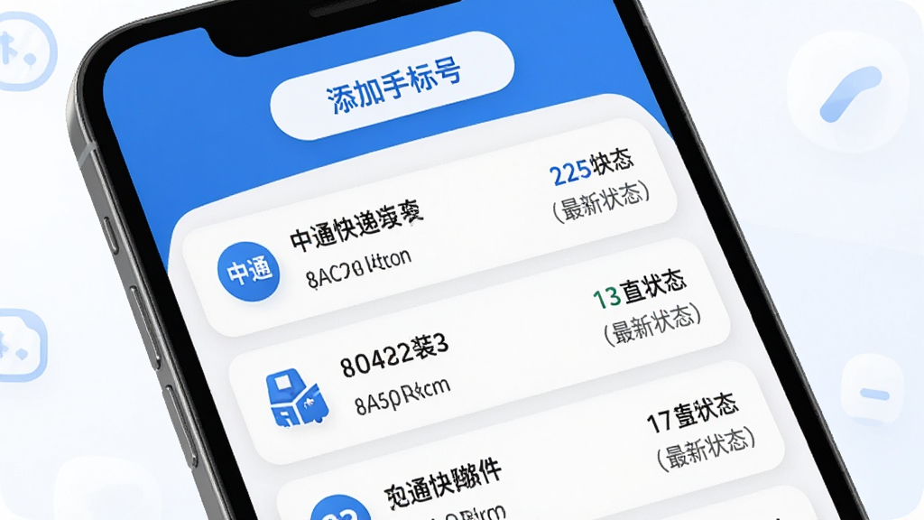 中通快递手机号查件功能界面,手机屏幕显示已绑定手机号列表,每个号码下方罗列对应包裹数量与最新状态,页面顶部有添加手机号按钮,配色以中通蓝与白色为主,图标圆润,背景干净,画质清晰