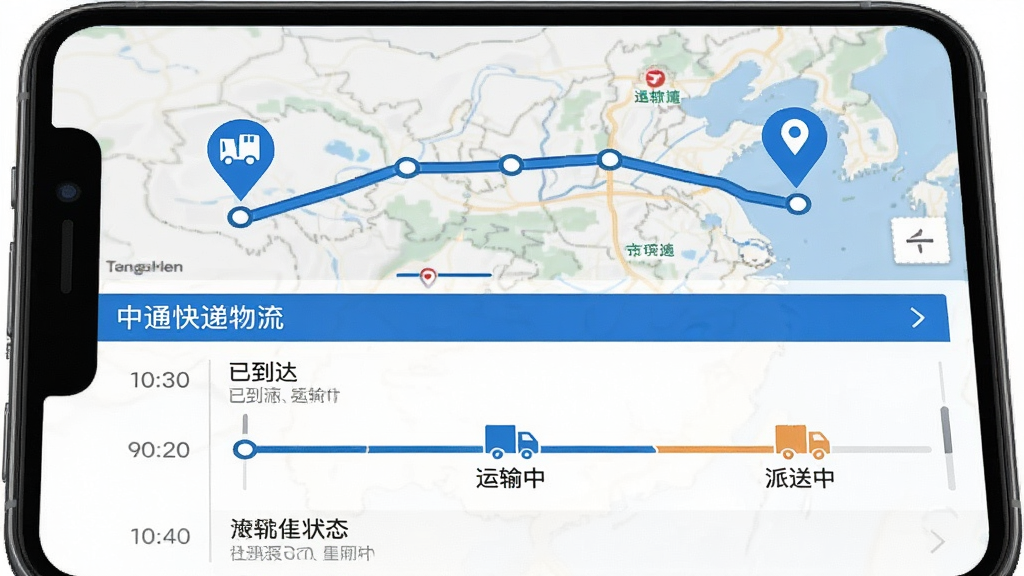 中通快递物流地图轨迹界面,手机屏幕上半部分显示地图路线,起点与终点用图标标记,中间有运输节点,下半部分为时间轴列表,显示已到达、运输中、派送中等状态,配色为蓝白灰,整体简洁清晰,画质干净