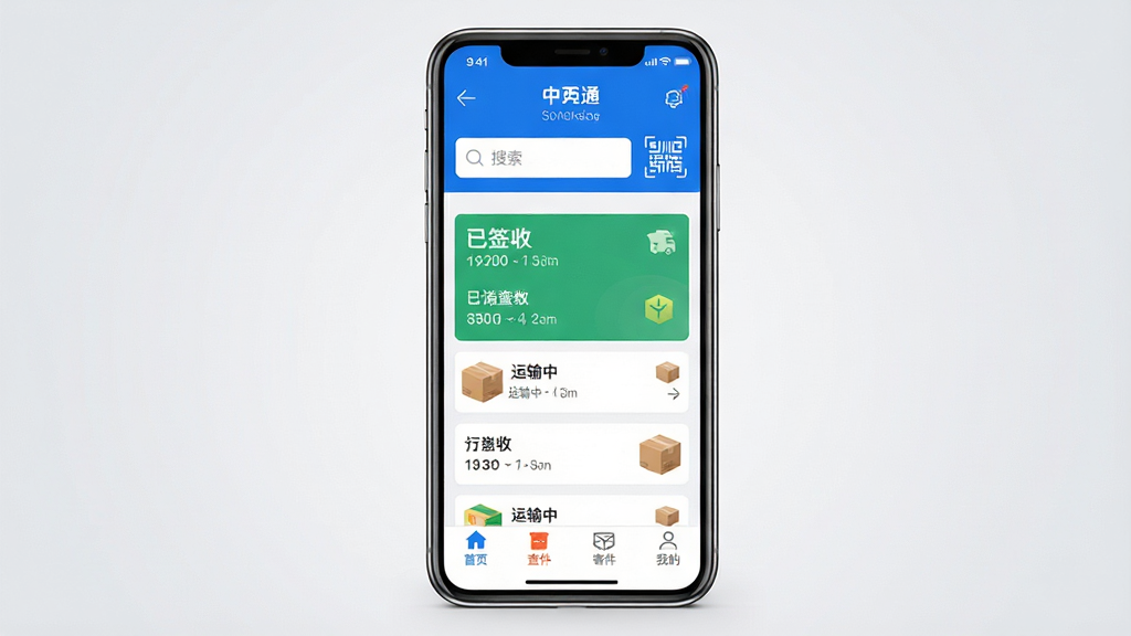 中通快递手机应用主界面展示,画面中央放置一部智能手机,屏幕内呈现蓝白配色的快递查询页面,顶部有搜索框和扫码入口,中部列出多个包裹卡片显示运输中与已签收状态,底部导航栏包含首页、查件、寄件、我的四个图标,背景为浅灰色渐变,整体风格简洁现代,细节清晰,画质干净,无多余元素