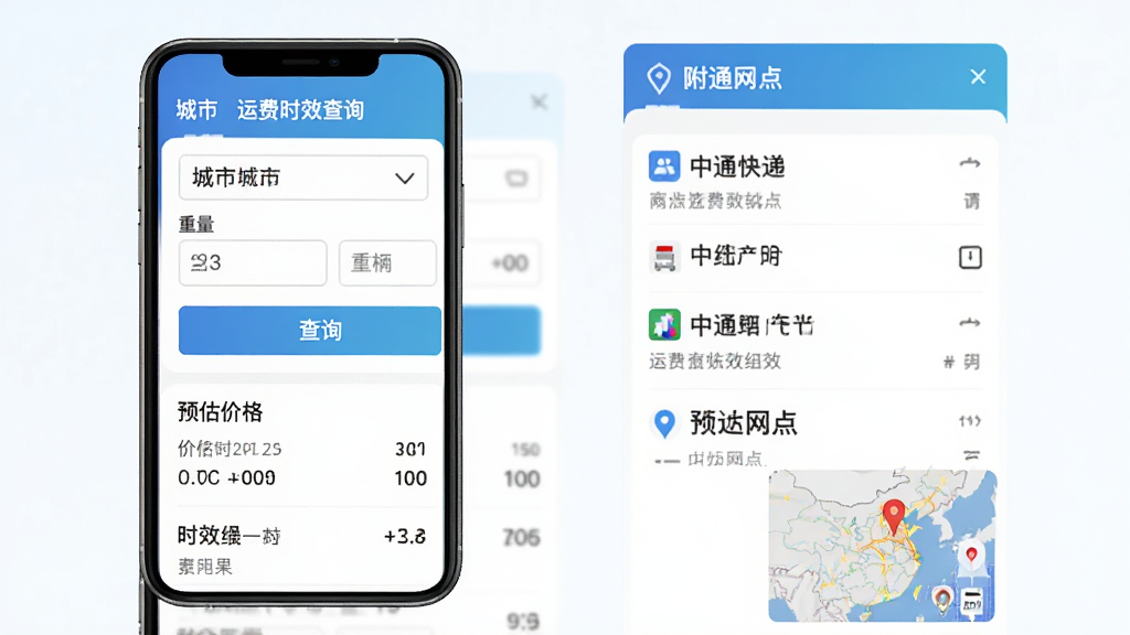 中通快递运费时效查询与网点导航界面,手机屏幕展示城市选择、重量输入、查询按钮,下方列出预估价格与时效结果,另一侧展示附近网点列表与地图缩略图,配色清爽,布局整齐,画质干净
