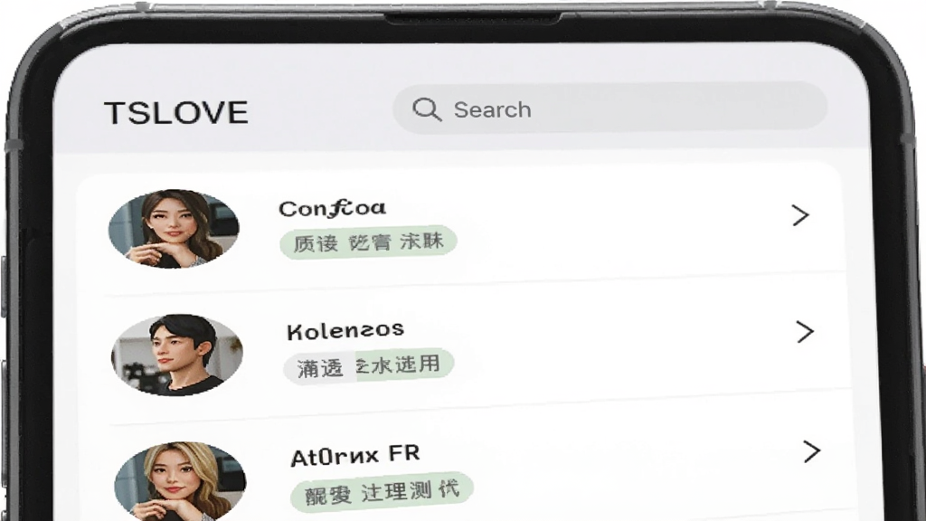 一张展示手机通讯录管理界面的图片,画面中手机屏幕显示“TSLOVE”联系人列表,每个联系人左侧有圆形头像,右侧有备注标签,顶部有搜索框,背景为白色卡片式布局,风格简洁商务,画质高清,无多余元素