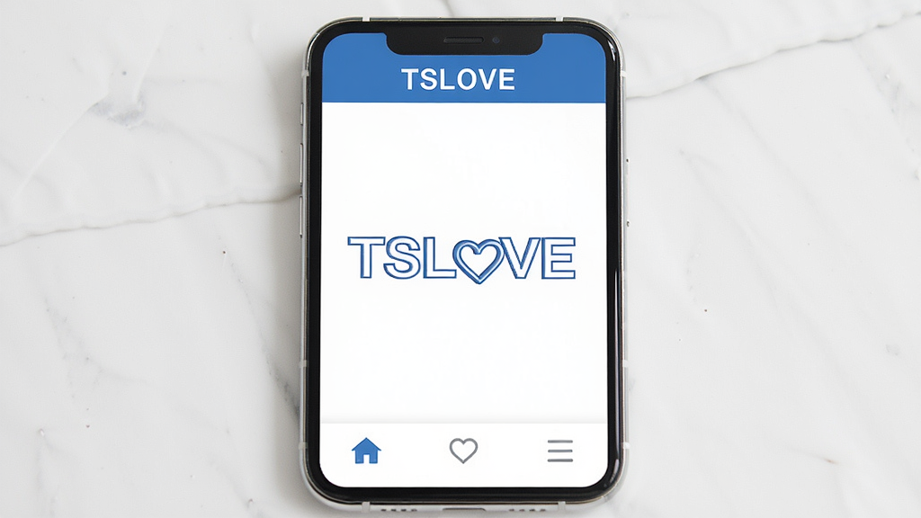 一张手机界面设计展示图,画面中央是“TSLOVE”主界面,底部有三个导航图标,顶部有软件名称,整体配色为蓝白相间,风格清爽素雅,画质高清干净,无多余元素