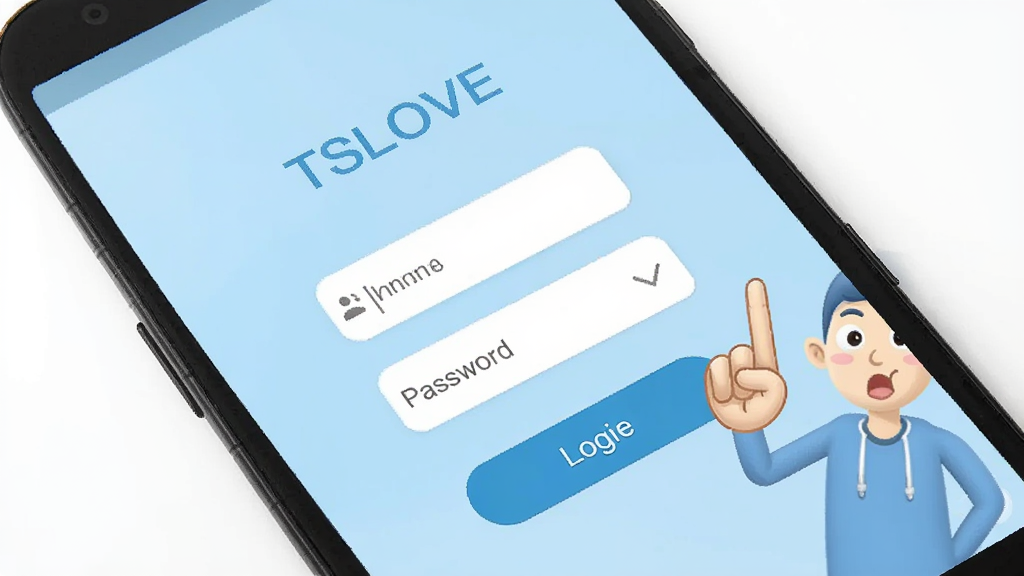 一部安卓手机屏幕显示“TSLOVE”登录界面,背景为淡蓝色,界面中央有手机号和密码输入框,下方有登录按钮,旁边有一位卡通人物做出“注意”的手势,风格简洁明快,画质清晰干净,无多余元素
