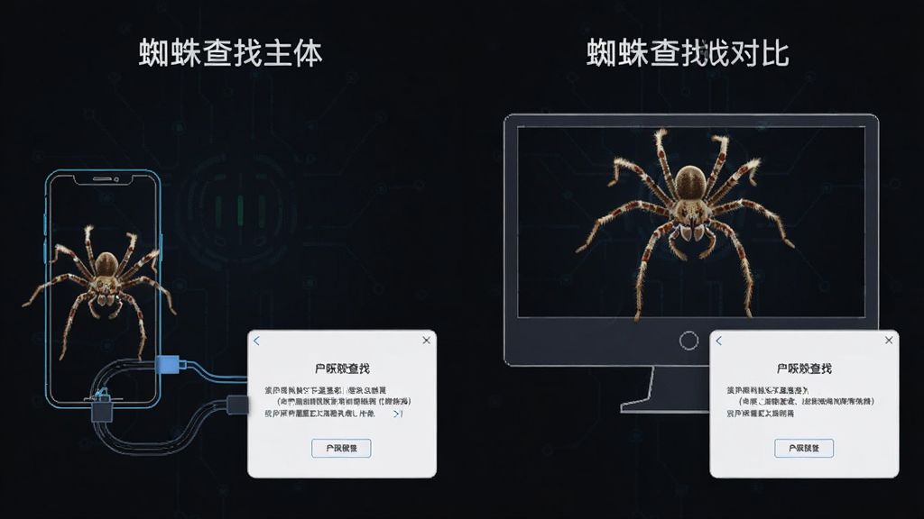 主体是「蜘蛛查找」在手机和电脑模拟器上同时运行的对比示意图,布局为左右分屏,排版对称,风格为科技感深色背景,细节包括手机轮廓、显示器轮廓、连接线、权限设置界面浮窗,画质清晰,干净,无多余元素
