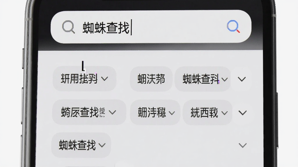 主体是一部手机特写,屏幕上显示「蜘蛛查找」的搜索框,下方弹出多个联想关键词标签,布局为上下结构,排版整齐,风格为现代简约风,细节包括光标闪烁、下拉箭头、浅灰色背景卡片,画质清晰,干净,无多余元素