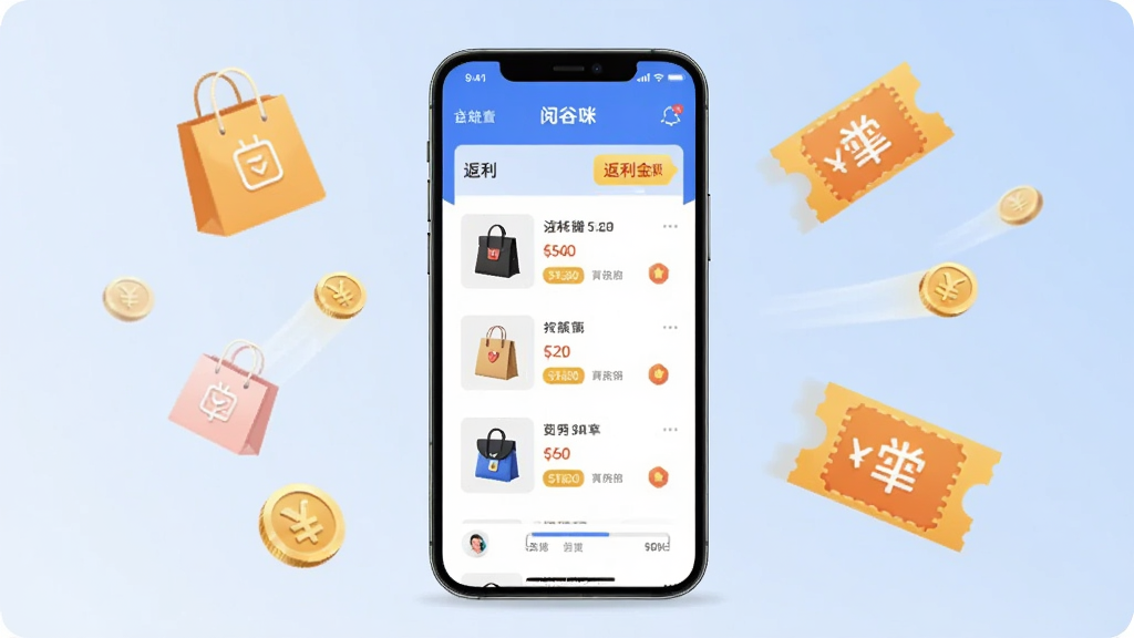画面中央放置一部智能手机,手机屏幕显示“阅谷咪”APP首页界面,界面中有商品列表和返利金额标签,背景是柔和的浅蓝色渐变,周围漂浮着购物袋、金币和优惠券图标,整体布局为居中构图,风格为扁平化现代科技风,细节包括商品缩略图、价格标签和进度条,画质清晰干净,无多余元素