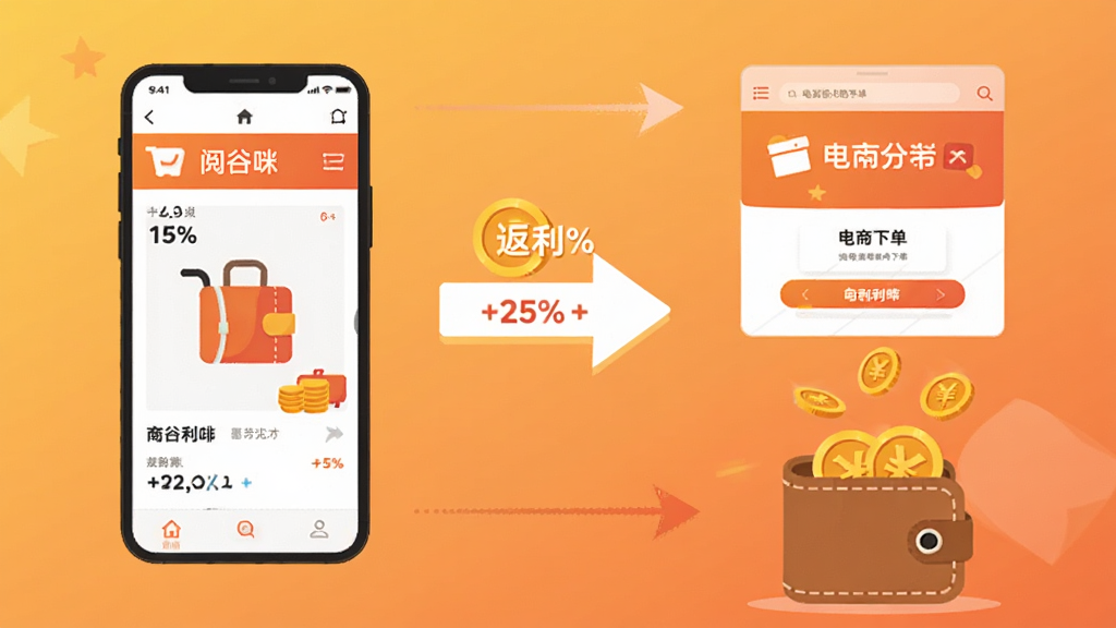 画面展示一个购物返利流程示意图,左侧是手机屏幕显示“阅谷咪”商品页面,中间用箭头指向右侧的电商平台下单页面,下方有金币落入钱包的动画效果,背景为暖色调渐变,布局为横向流程式,风格为简洁扁平插画风,细节包括返利百分比标签和金币图标,画质清晰干净,无多余元素