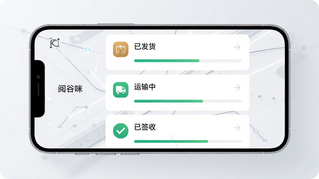 画面中一部手机横屏展示“阅谷咪”物流追踪界面,屏幕内有三条物流信息卡片,分别显示“已发货”“运输中”“已签收”状态,背景为浅灰色科技感线条,布局为上下排列的卡片式,风格为现代简约风,细节包括快递公司图标和进度条,画质清晰干净,无多余元素