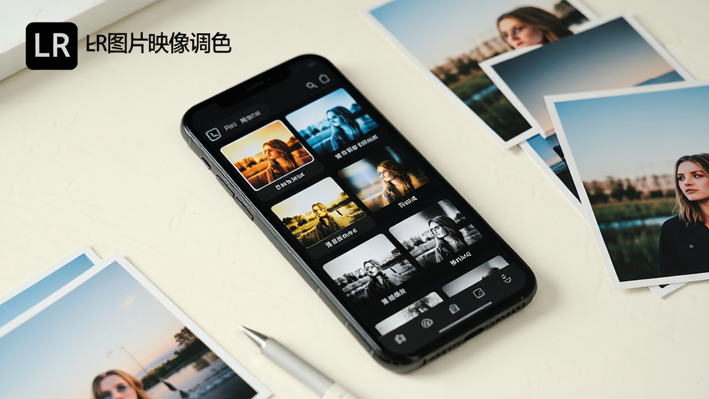 一部手机展示着LR图片映像调色软件的预设滤镜选择界面,屏幕上排列着多个不同风格的滤镜缩略图,包括暖色调、冷色调、胶片感、黑白等,每个缩略图下方标注着滤镜名称,手机旁边散落着几张已经调好色的照片,背景为柔和的米白色桌面,风格为清新简约的产品展示,细节包括