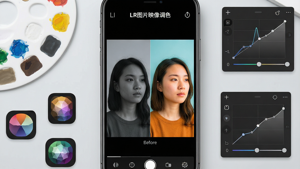 一张展示LR图片映像调色软件界面的手机屏幕截图,画面中央是修图前后的对比效果,左侧为灰暗的原图,右侧为色彩鲜艳的调色后照片,手机周围散落着调色板、滤镜图标和曲线调整面板等元素,背景为干净的浅灰色工作台,风格为现代科技感UI展示,细节包括软件名称