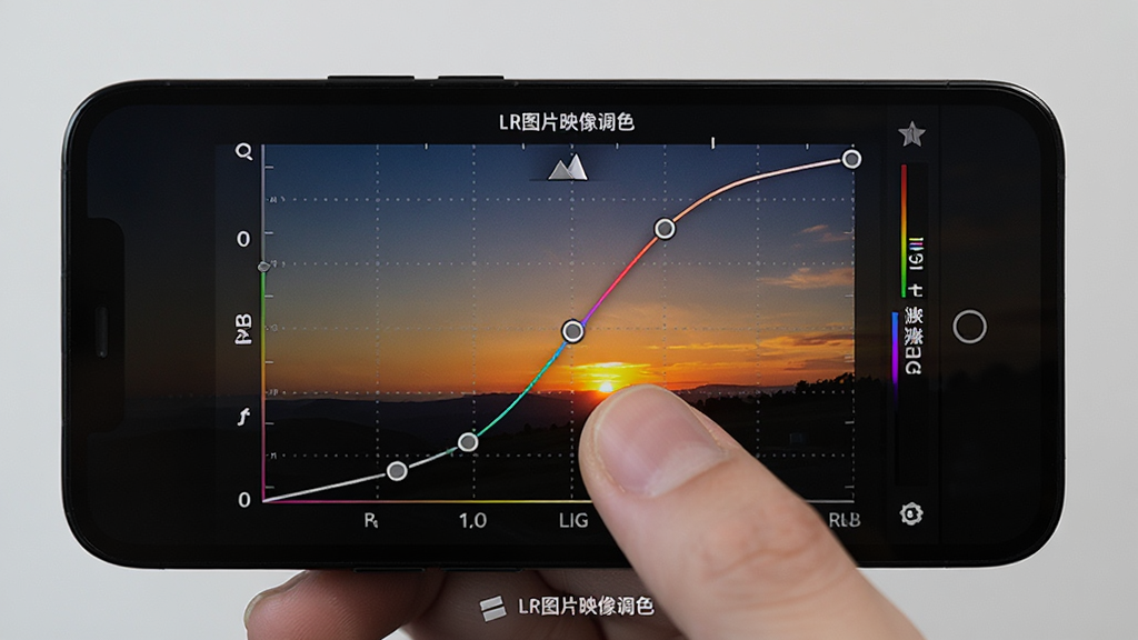 一部智能手机屏幕上显示着LR图片映像调色软件的曲线调整界面,画面中有一条S形曲线正在被手指拖动,背景是带有晚霞的风景照片,色彩从暗淡逐渐变得鲜艳,主体是手机和手指操作的特写,布局居中,风格为写实产品展示,细节包括曲线网格、RGB通道标签和
