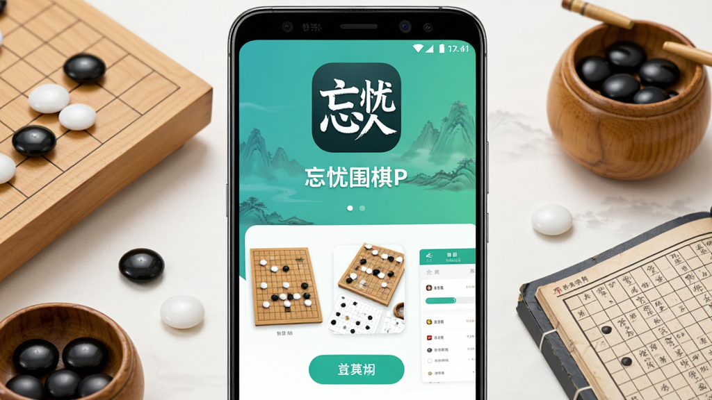 主体是忘忧围棋APP在安卓手机上的主界面展示,布局为手机竖屏居中放置,周围环绕围棋棋盘、黑白棋子、棋谱书籍等元素,排版采用上下结构上方为软件图标与名称下方为功能截图,风格为清新简约的中国风,细节包括木质棋盘纹理、黑白棋子光泽、界面按钮清晰,画质高清干净无多余元素