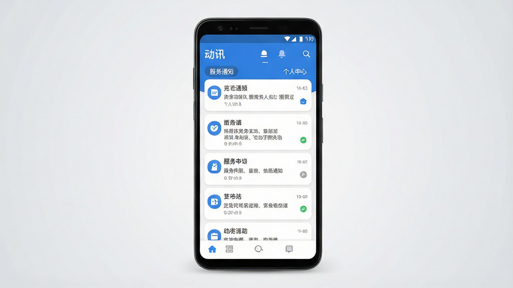 一张手机应用界面的整体展示图,画面中央是一部安卓手机,屏幕显示“动讯”应用的主界面,包含消息列表、服务通知、个人中心等模块,界面采用蓝白配色,布局简洁清晰,背景为浅灰色渐变,风格为现代科技感扁平化设计,细节包括状态栏图标、底部导航栏、圆角卡片式消息条目,画质高清,干净,无多余元素