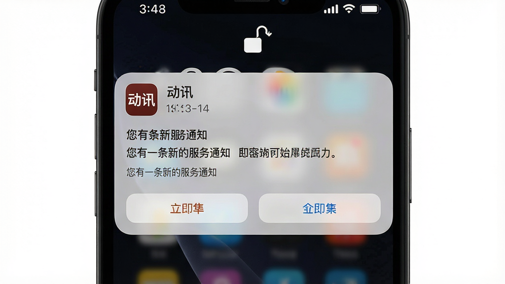 一张手机锁屏界面展示图,屏幕上方弹出“动讯”应用的通知卡片,通知内容显示“您有一条新的服务通知”,手机背景为深色壁纸,通知卡片采用圆角设计,带有动讯应用图标,画面风格为写实科技风,细节包括时间显示、通知标题、内容摘要、操作按钮,画质高清,干净,无多余元素