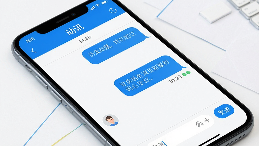 一张手机通讯界面展示图,屏幕显示“动讯”应用的消息对话页面,包含发送和接收的消息气泡,界面采用蓝白配色,风格为现代简约设计,细节包括输入框、发送按钮、时间标记、已读状态,画质高清,干净,无多余元素