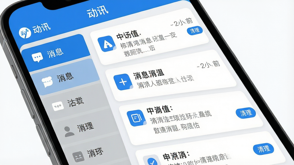 一张手机应用内消息管理界面展示图,屏幕显示“动讯”应用的消息分类页面,左侧为分类标签,右侧为对应消息列表,界面采用卡片式布局,配色为蓝白灰,风格为现代扁平化设计,细节包括分类图标、消息条目、时间戳、清理按钮,画质高清,干净,无多余元素