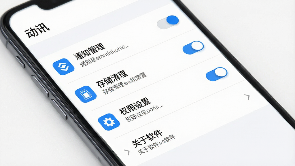 一张手机应用设置界面展示图,屏幕显示“动讯”应用的设置页面,包含通知管理、存储清理、权限设置、关于软件等选项,界面采用列表式布局,配色为白色背景搭配蓝色图标,风格为极简设计,细节包括选项图标、文字说明、开关按钮、箭头指示,画质高清,干净,无多余元素