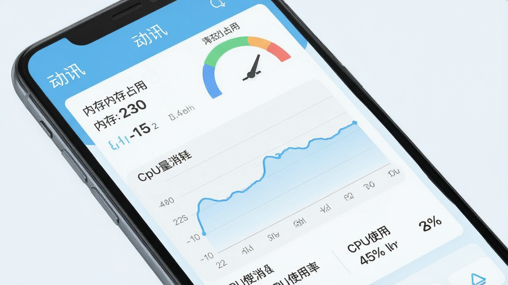一张手机性能监控界面示意图,画面展示“动讯”应用在后台运行时的内存占用和电量消耗数据,界面采用仪表盘和折线图形式,数据表现平稳,背景为浅蓝色,风格为简约数据可视化设计,细节包括内存占用数值、电量消耗曲线、CPU使用率百分比,画质高清,干净,无多余元素