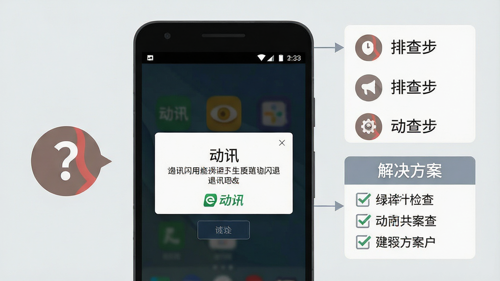 一张手机应用故障排查示意图,画面展示一部安卓手机屏幕出现“动讯”应用闪退提示,旁边配有问号图标和解决方案文字框,背景为浅灰色,风格为扁平化信息图设计,细节包括错误提示弹窗、排查步骤图标、检查清单,画质高清,干净,无多余元素