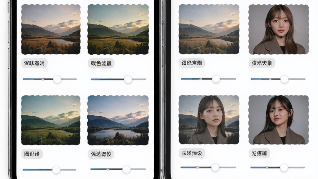 LR图片映像调色滤镜预设功能展示,主体为手机屏幕界面,屏幕上排列多个滤镜缩略图预览,布局为网格状排版,风格清新时尚,细节包含不同色调的风景和人像缩略图、滤镜名称标签和强度调节滑块,画质清晰,干净整洁