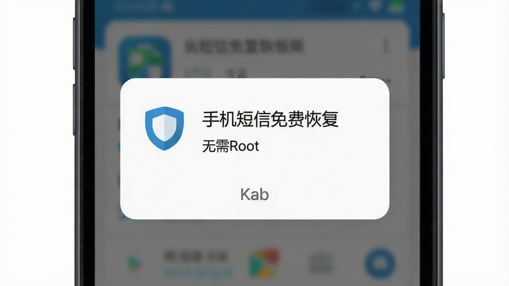 手机短信免费恢复软件权限提示界面,主体为手机屏幕显示权限请求弹窗,布局为居中对话框,风格为扁平化设计,细节包含盾牌图标和“无需Root”文字说明以及“手机短信免费恢复”应用名称,画质高清,干净无多余元素