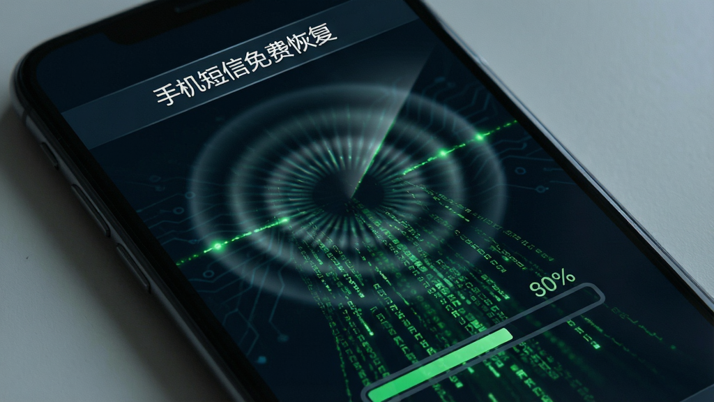 手机短信免费恢复软件正在进行深度扫描的界面,主体是一部手机屏幕特写,屏幕显示放射状扫描波纹和绿色数据流,布局以手机为视觉中心,风格为暗色科技风,细节包含“手机短信免费恢复”文字标识和进度百分比,画质清晰,干净无多余元素