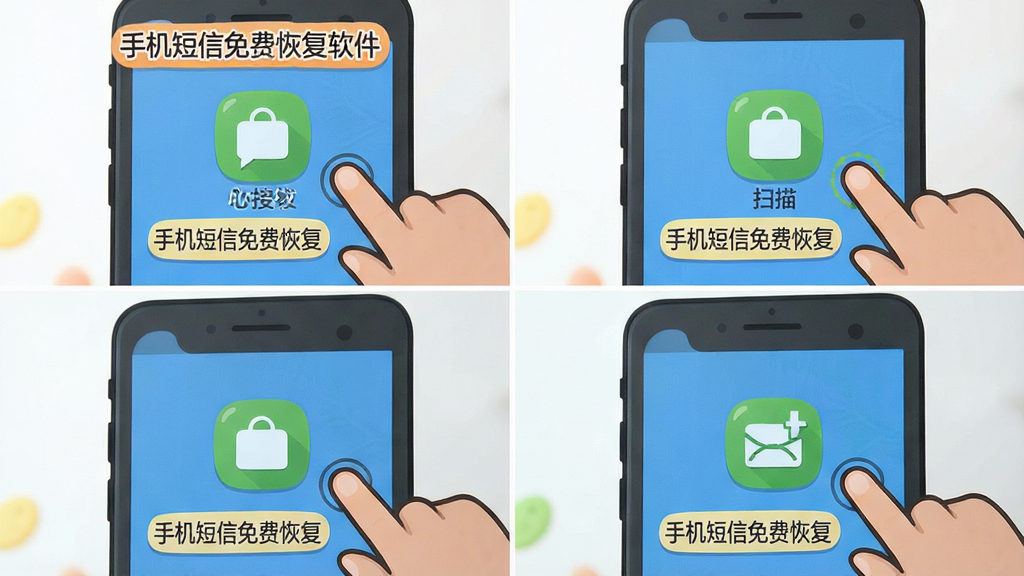 手机短信免费恢复软件操作步骤引导图,画面为手机屏幕四格分镜展示安装、授权、扫描、恢复四个步骤,布局为田字格排列,风格为卡通扁平化,细节包含手指点击图标和“手机短信免费恢复”文字标签,画质清晰,干净无多余元素