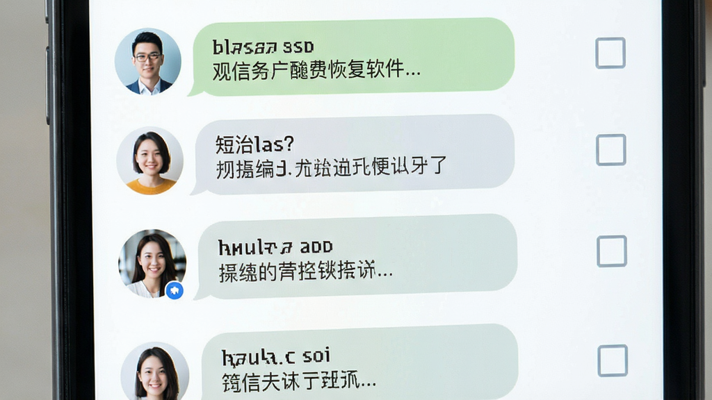 手机短信免费恢复软件的短信预览列表界面,主体为手机屏幕显示多条短信对话气泡,布局为垂直列表排列,风格为清新简约风,细节包含联系人头像、短信摘要文字和复选框,画质高清,干净无多余元素