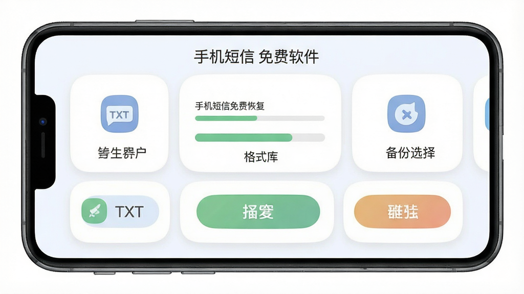 手机短信免费恢复软件的数据导出界面,主体为手机屏幕显示文件导出进度和格式选择按钮,布局为卡片式排列,风格为柔和圆角设计,细节包含TXT和备份图标以及“手机短信免费恢复”字样,画质清晰,干净无多余元素