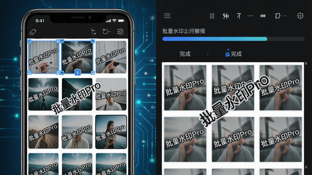 一张展示批量水印Pro批量处理功能的图片,画面中左侧是手机相册里多张图片被选中的状态,右侧是批量水印Pro的处理进度条和已完成的水印效果预览,图片上统一带有“批量水印Pro”字样的水印,整体风格科技感十足,画质清晰,无多余元素
