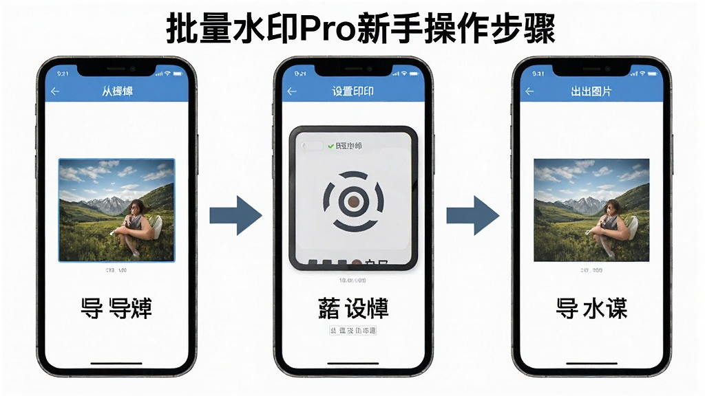 一张展示批量水印Pro新手操作步骤的图片,画面中手机屏幕分步骤显示从导入图片到设置水印再到导出图片的完整流程,每一步都有清晰的箭头指引和文字标注,整体风格简洁易懂,画质清晰,无多余元素