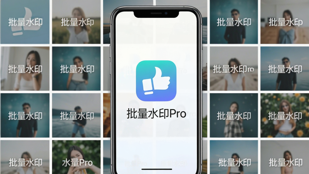 一张展示批量水印Pro软件主界面的图片,画面中央是手机屏幕,屏幕上显示着批量水印Pro的图标和名称“批量水印Pro”,背景是整齐排列的图片网格,每张图片上都有半透明的水印文字,整体风格干净明亮,画质清晰,无多余元素