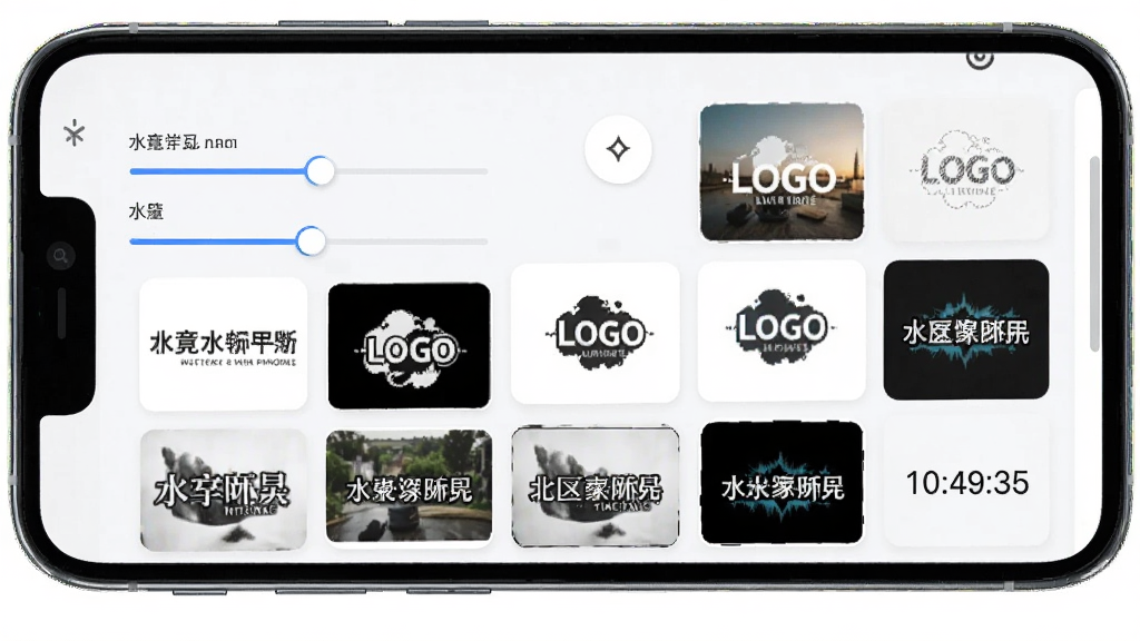 一张展示批量水印Pro水印样式编辑界面的图片,画面中手机屏幕上显示着水印参数调节滑块和多个水印样式预览缩略图,包括文字水印、logo水印、时间水印等,界面设计简洁直观,画质清晰,无多余元素