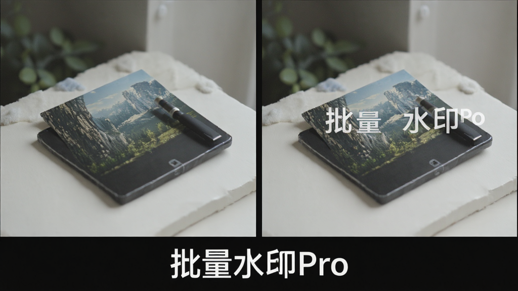 一张展示批量水印Pro输出画质对比的图片,画面中左侧是原始高清图片,右侧是添加水印后的图片,两张图片的清晰度肉眼看起来完全一致,图片下方有“批量水印Pro”的文字标识,整体风格简洁专业,画质清晰,无多余元素
