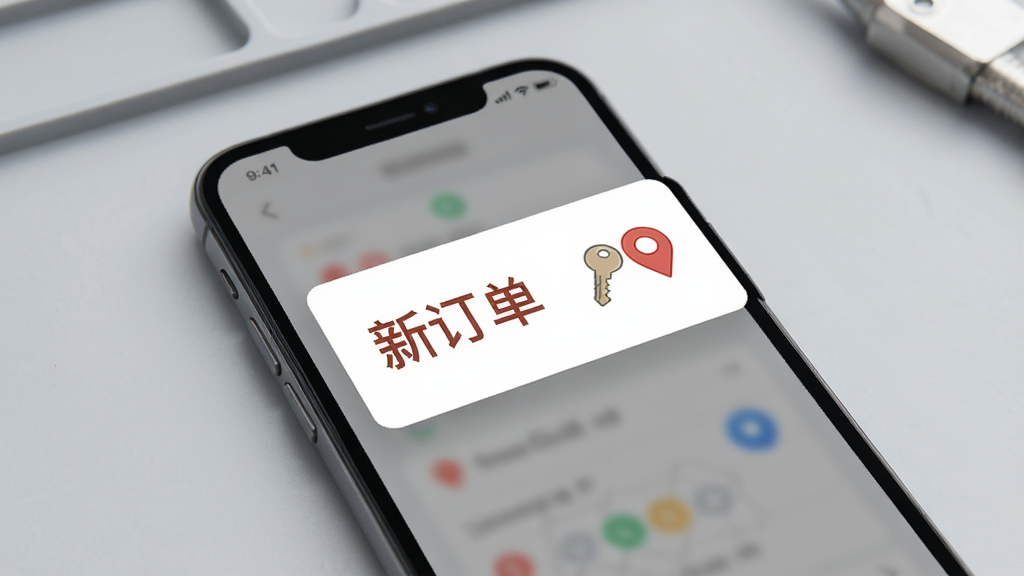 锁匠达商家版订单提醒功能展示,画面中一部手机屏幕弹出新订单通知卡片,卡片上写有“新订单”字样,旁边有钥匙和定位图标,背景为浅灰色工作台,风格简洁商务,布局清晰,画质干净,无多余元素