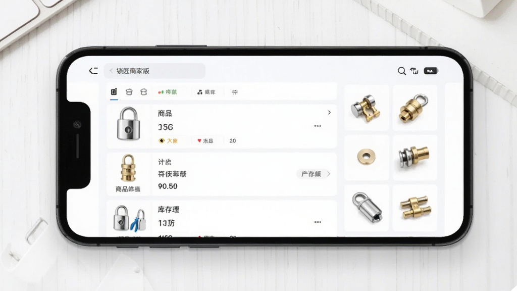 锁匠达商家版店铺管理界面,手机屏幕显示商品列表和库存数量,旁边有锁具配件小图,背景为白色桌面,风格清新简约,布局整齐,画质明亮,无多余元素