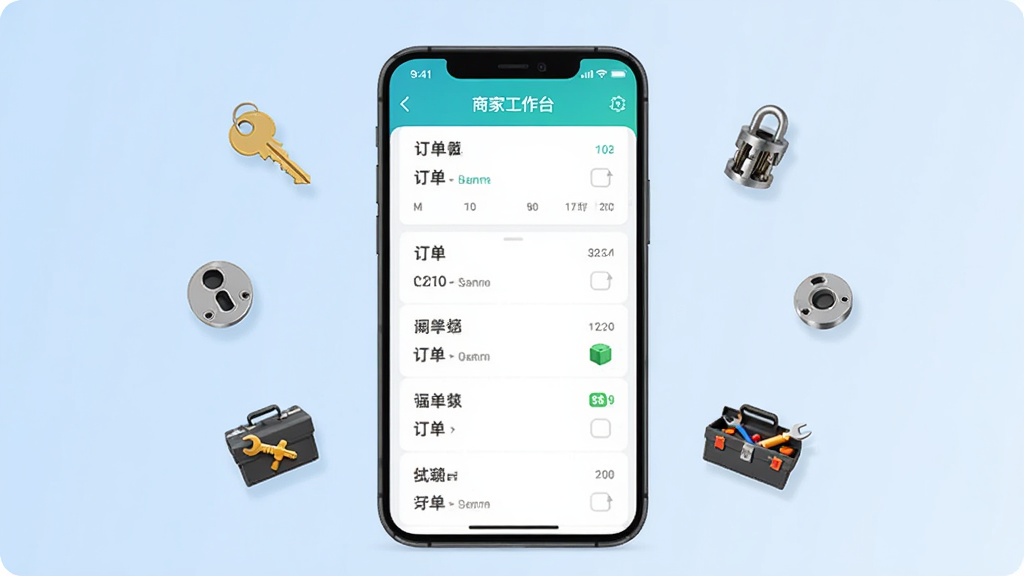 锁匠达商家版安卓手机应用界面展示,画面中央是一部竖屏手机,屏幕上显示订单列表和商家工作台,背景为简洁的浅蓝色渐变,手机周围漂浮着钥匙、锁芯、工具箱等小图标,整体风格干净现代,布局居中对称,画质清晰,无多余元素