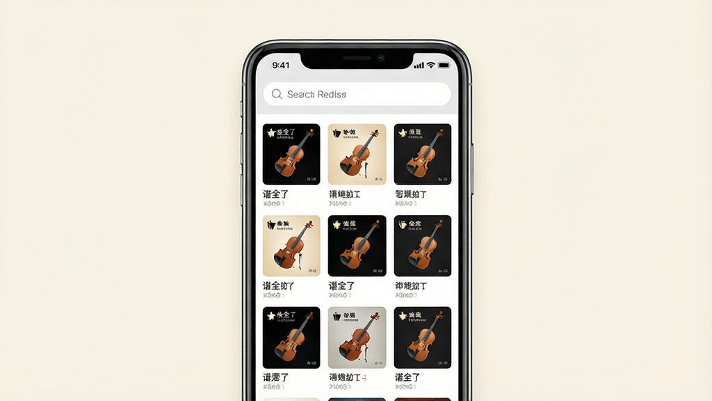 一张展示“谱全了”软件海量曲谱资源库的图片,画面中央是手机屏幕,屏幕内呈现网格状排列的曲谱封面缩略图,每张封面上标注着不同的乐器图标和歌曲名称,屏幕上方有搜索栏,背景是淡雅的米白色,风格简约明快,排版整齐,细节清晰,画质干净,无多余元素