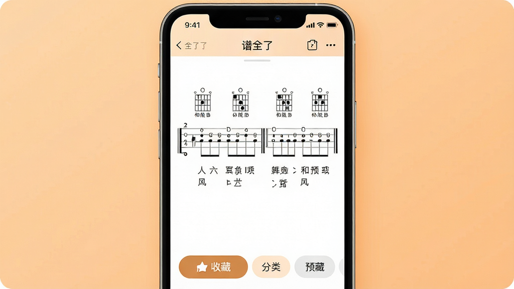 一张展示“谱全了”软件曲谱预览与收藏功能的图片,画面中央是手机屏幕,屏幕内显示一份清晰的吉他六线谱,谱面上有和弦图与歌词对应,屏幕下方有收藏按钮和分类标签,背景是温暖的浅橙色,风格柔和舒适,排版层次分明,细节精致,画质干净,无多余元素