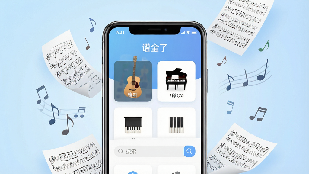 一张展示“谱全了”软件核心全貌的图片,画面中央是一部智能手机,手机屏幕上显示着“谱全了”应用的主界面,界面中有吉他谱、钢琴谱等分类图标和搜索框,手机周围环绕着漂浮的乐谱纸张和音符元素,背景是柔和的浅蓝色渐变,整体风格清新简洁,排版居中对称,细节清晰,画质干净,无多余元素