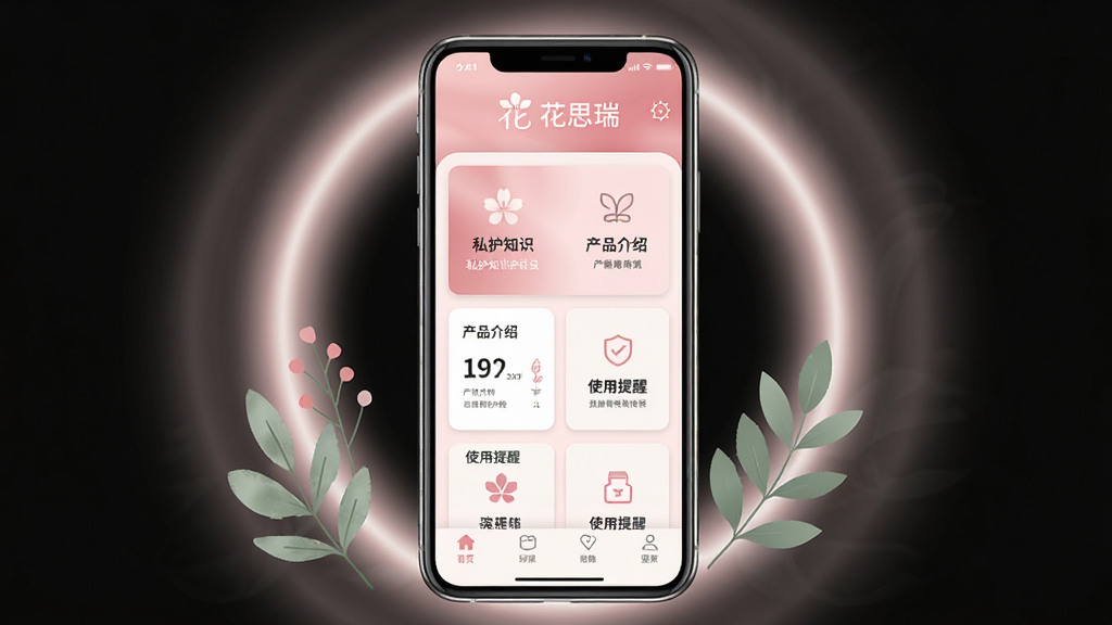 画面中央放置一部智能手机,手机屏幕上显示花思瑞软件的首页界面,界面以柔和粉色和白色为主色调,顶部是花思瑞的品牌标识和名称,中部卡片式排列着私护知识、产品介绍、使用提醒等功能入口,底部有导航栏。手机周围环绕着柔和的圆形光晕和简约的植物叶片装饰,整体布局居中对称,风格清新柔和,细节上手机边框有轻微反光,屏幕内容清晰可辨,画质干净高清,无多余杂乱元素。
