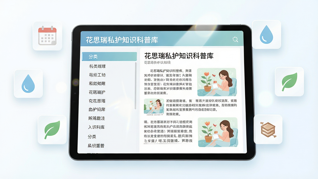 画面中央是一本打开的电子书或平板设备,屏幕上显示花思瑞私护知识科普库的界面,左侧是分类目录,右侧是图文并茂的文章内容,文章标题和插图清晰可见。书本周围漂浮着若干简约的图标,如日历、水滴、叶片等,代表不同的知识分类。整体布局居中,风格清新明亮,细节上屏幕有轻微的高光反射,画质干净高清,无多余杂乱元素。