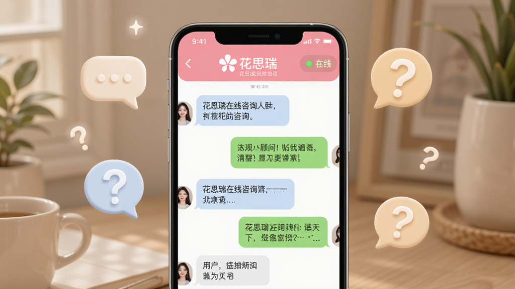 画面中央是一部智能手机,屏幕上显示花思瑞在线咨询的聊天界面,左侧是用户提问的气泡,右侧是顾问回复的气泡,界面顶部有花思瑞的标识和在线状态提示。手机周围有柔和的对话气泡和问号图标作为装饰,整体布局居中,风格简洁温和,细节上聊天内容清晰可辨,画质干净高清,无多余杂乱元素。
