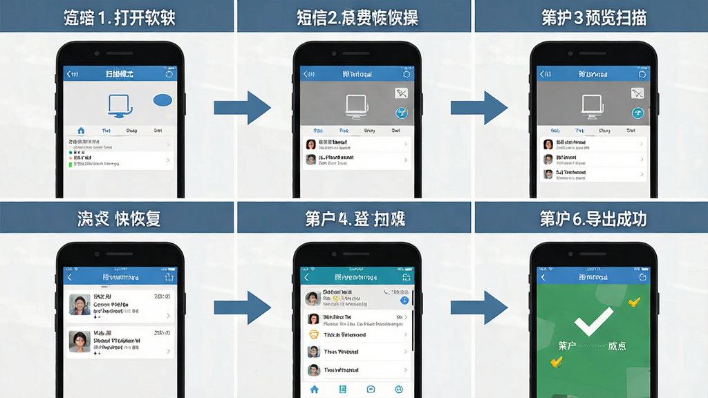 手机短信免费恢复软件操作步骤示意图,画面分为六个小格,分别展示打开软件、选择扫描模式、等待扫描、预览短信、勾选恢复、导出成功六个步骤的手机界面截图,布局呈两行三列排列,风格扁平化教程图,细节表现每个步骤的手机屏幕内容和箭头引导,画质高清,干净,无多余元素