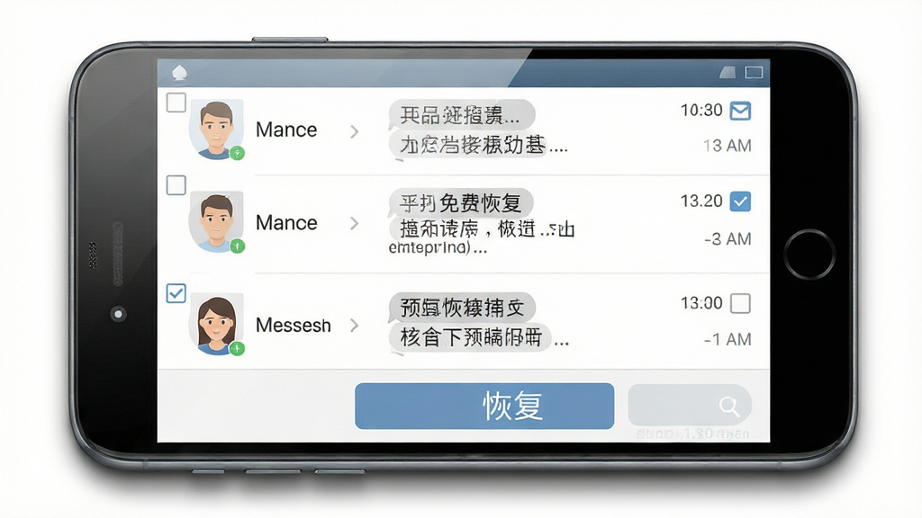 手机短信免费恢复软件预览界面示意图,手机屏幕显示短信对话列表,左侧是发件人头像和姓名,右侧是短信内容摘要和时间,每条短信前有复选框,底部有恢复按钮,布局清晰明了,风格简约现代,细节表现屏幕的玻璃反光和界面阴影,画质高清,干净,无多余元素