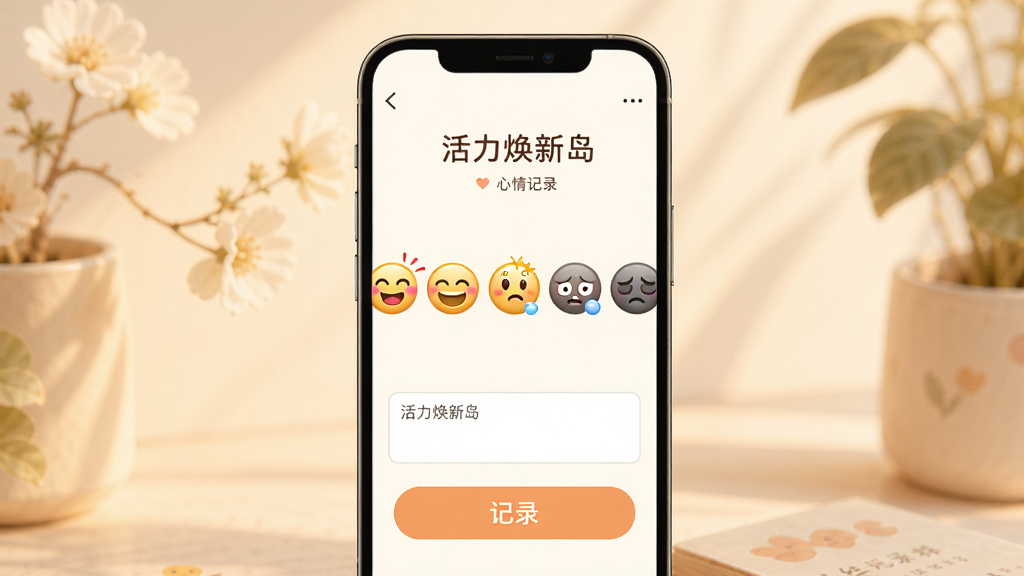 一张展示“活力焕新岛”心情记录功能的图片,主体为手机屏幕,屏幕内显示一排表情图标从开心到低落,下方有文本框和“记录”按钮,布局居中对称,排版简洁,风格温暖治愈,细节上体现表情生动、背景柔和,画质高清干净,无多余元素。