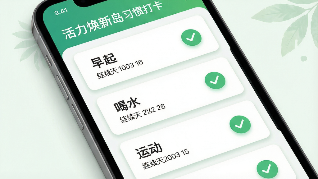 一张展示“活力焕新岛”习惯打卡功能的图片,主体为手机屏幕特写,屏幕内显示多个习惯卡片如“早起”“喝水”“运动”,每个卡片带有勾选按钮和连续天数标记,布局采用纵向列表,排版清晰,风格清新自然,细节上体现绿色对勾和柔和的阴影效果,画质高清干净,无多余元素。