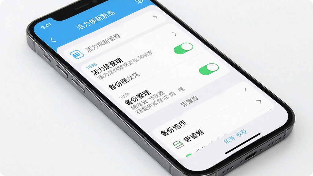 一张展示“活力焕新岛”设置页面的图片,主体为手机屏幕,屏幕内显示权限管理列表和备份选项,布局清晰,排版整齐,风格简洁实用,细节上体现开关按钮和说明文字,画质高清干净,无多余元素。