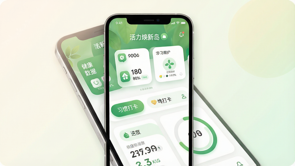 一张展示“活力焕新岛”手机应用主界面的图片,主体为一部竖屏智能手机,屏幕内呈现清新自然的绿色与白色主题界面,布局包含健康数据卡片、习惯打卡按钮和进度圆环,排版简洁有序,风格现代温馨,细节上体现图标圆润、文字清晰,画质高清干净,无多余元素,背景为柔和浅色渐变。
