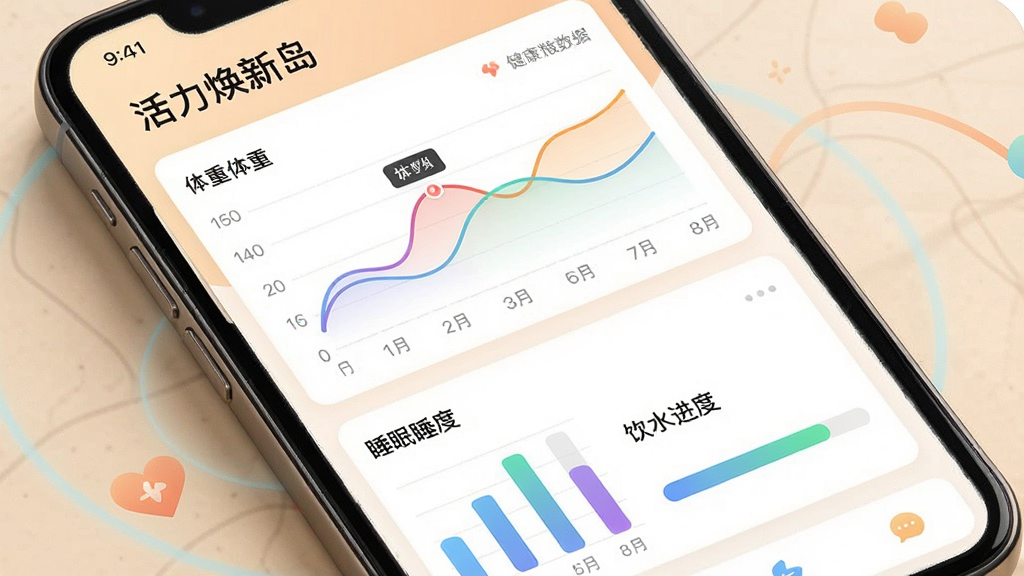 一张展示“活力焕新岛”健康数据追踪界面的图片,主体为手机屏幕,屏幕内显示体重折线图、睡眠柱状图和饮水进度条,布局采用卡片式排列,排版整洁,风格科技感与温馨感结合,细节上体现数据曲线平滑、颜色区分明显,画质高清干净,无多余元素。